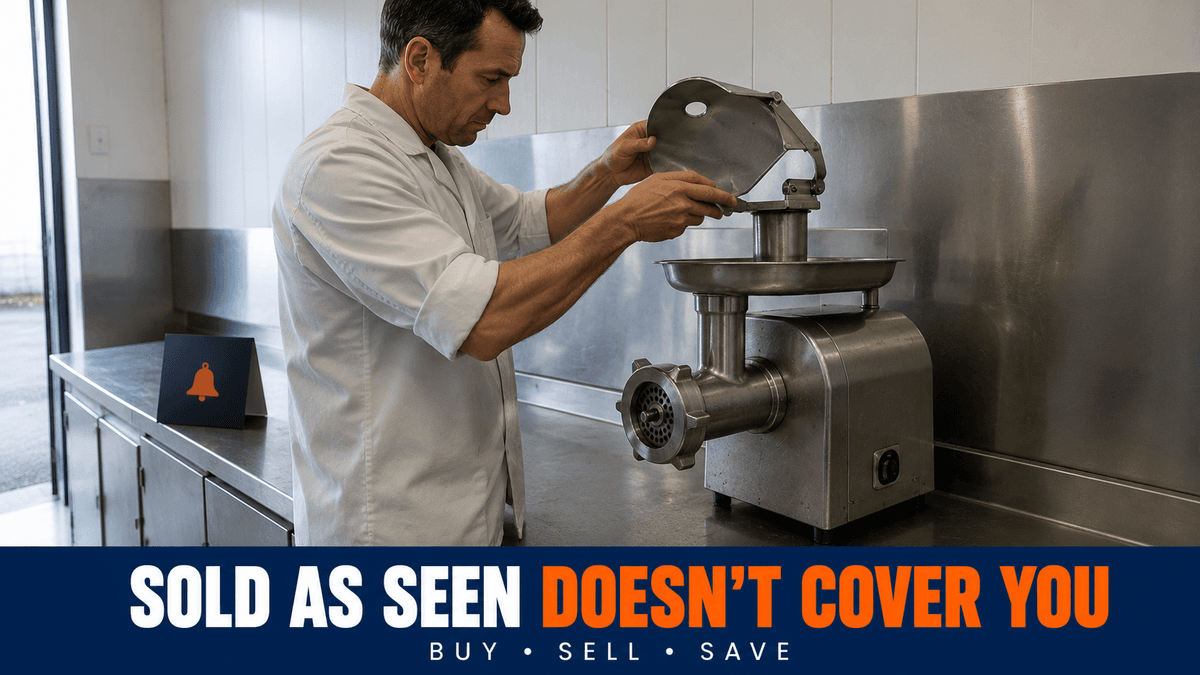 Butcher checking the feed throat guard on a used bench mincer in a UK prep room.