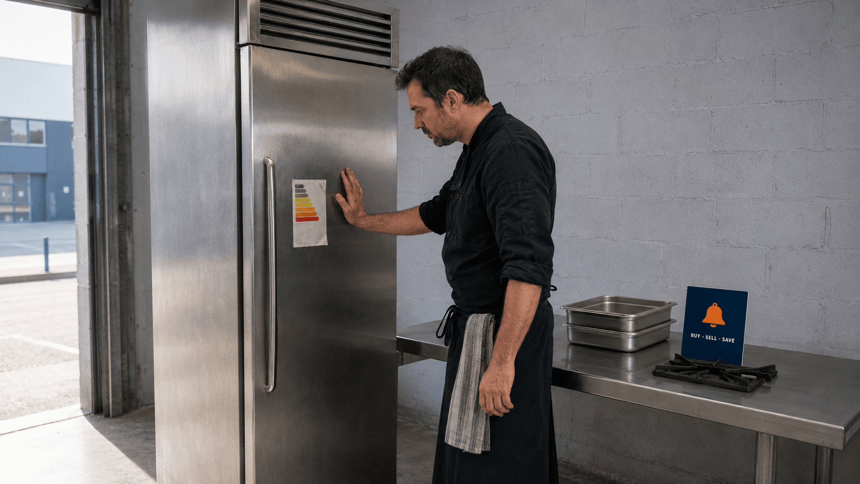 Chef brushing dust from the condenser coil of a commercial upright fridge to cut its running cost.