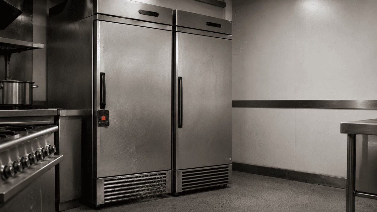 Used commercial upright fridge and freezer standing side by side in a UK kitchen, ready for sale.