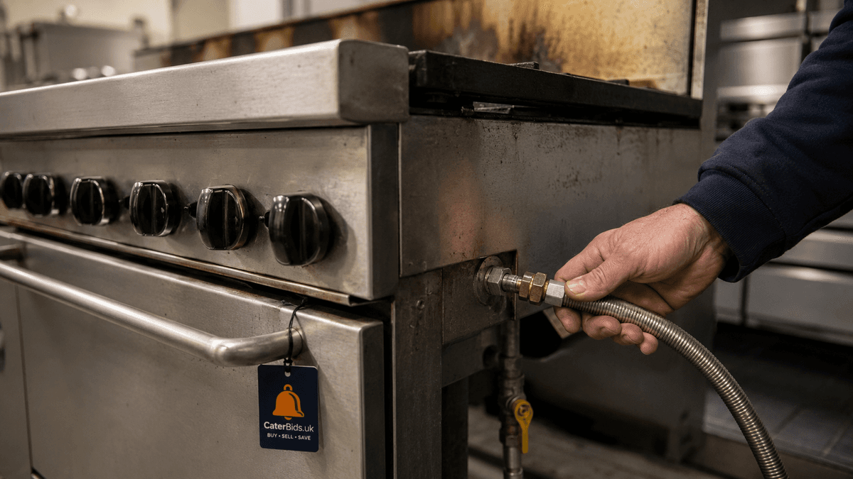 Used commercial gas range in a UK kitchen, with a hand holding a gas hose fitting up to the connection point for a safety check.
