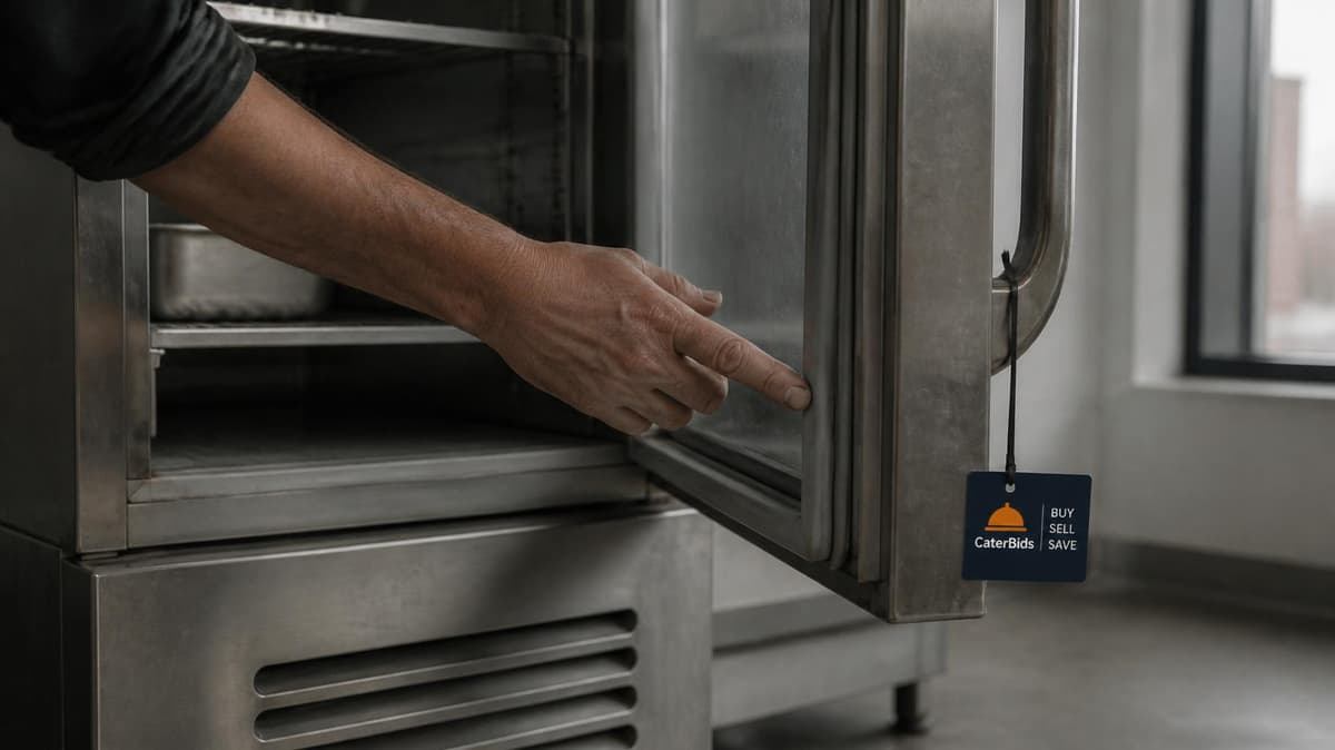 Used commercial upright fridge with its door open, a hand checking the door seal gasket for wear.