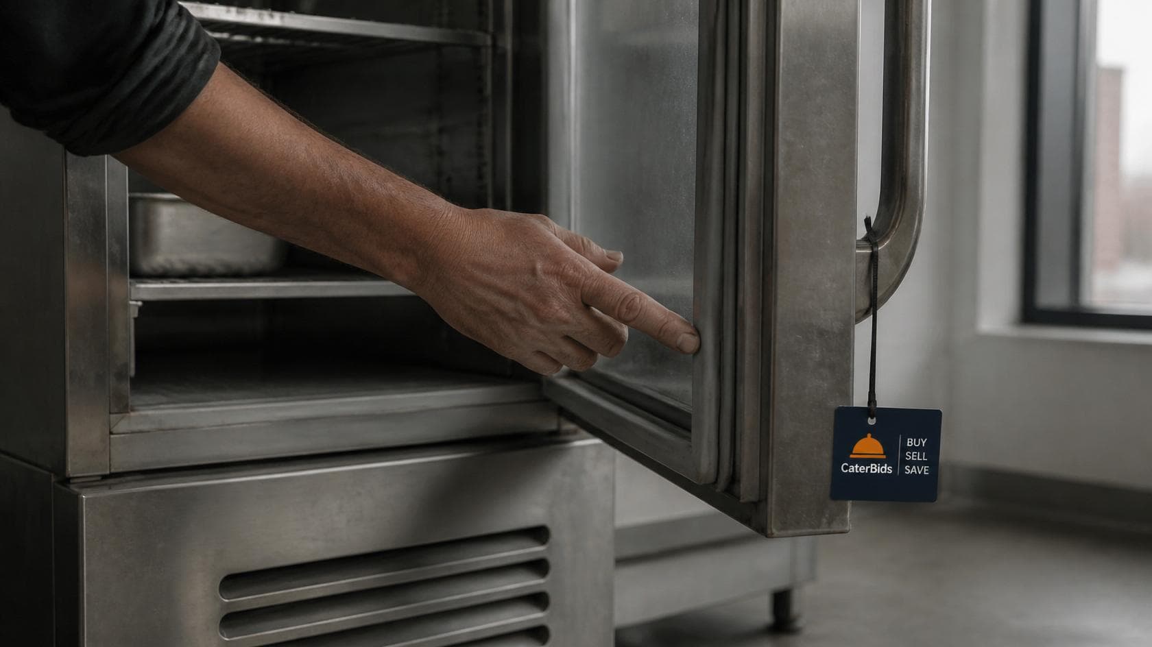 Used commercial upright fridge with its door open, a hand checking the door seal gasket for wear.