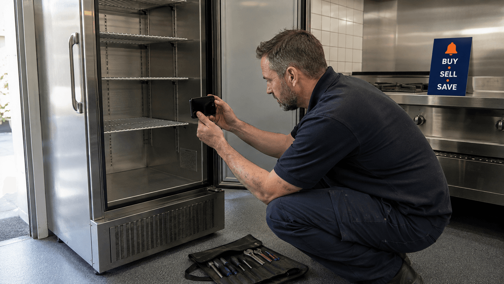 Engineer photographing the data plate inside a commercial upright fridge to order catering spares.