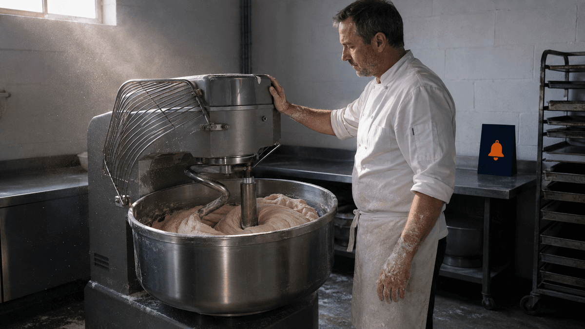 Baker loading loaves onto the stone hearth of a three deck commercial bakery oven with steam escaping.