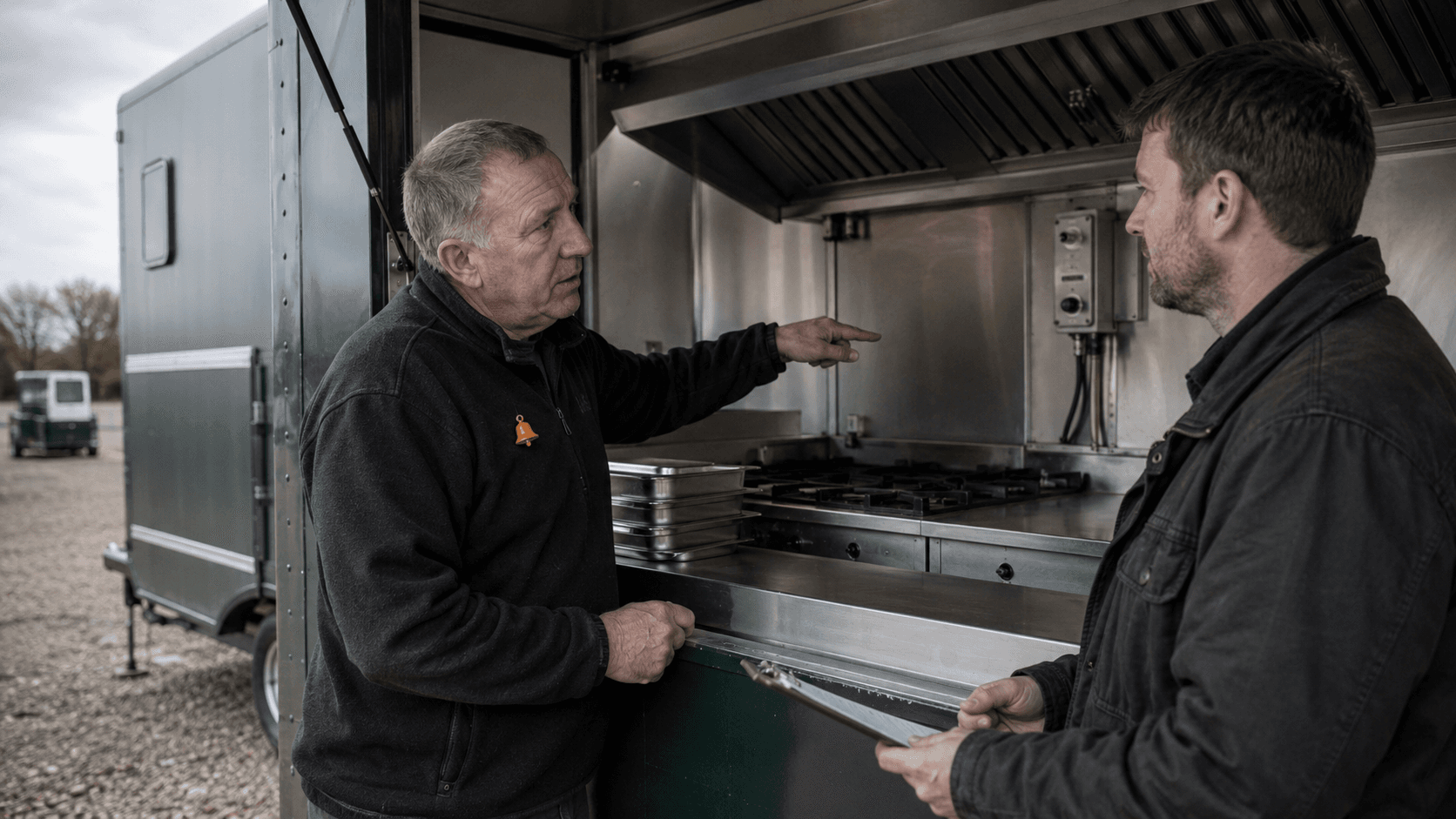 mobile catering unit standing in its marked trading bay at first light, serving hatch open and lit inside.