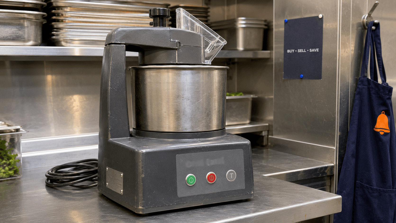 Grey commercial food processor with a scuffed stainless bowl and worn twist-lock knob on a UK kitchen prep counter.