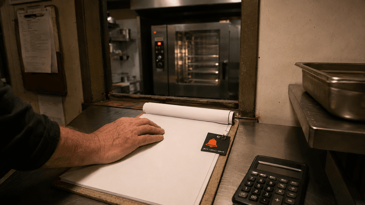 Hand resting on a blank invoice pad at a kitchen prep counter, with a used commercial combi oven visible through the hatch behind, working out what selling actually costs.