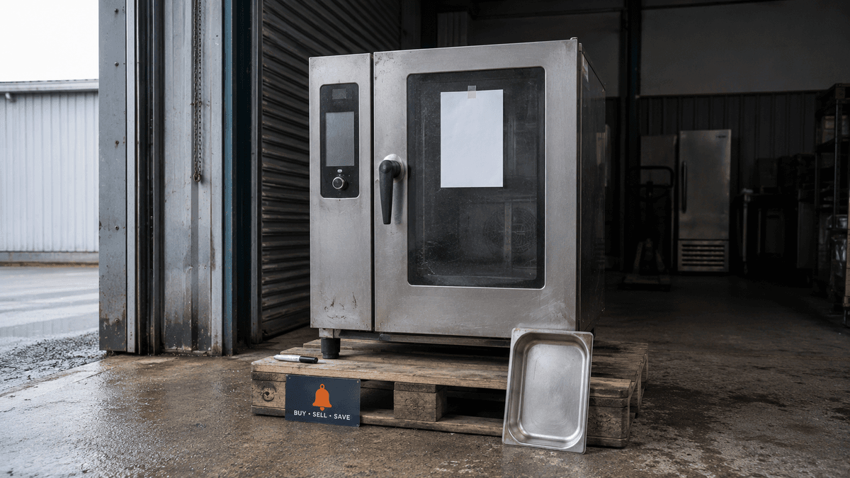 Used commercial combi oven on a pallet in a UK loading bay, with a blank price ticket taped to the glass door ready to be filled in.