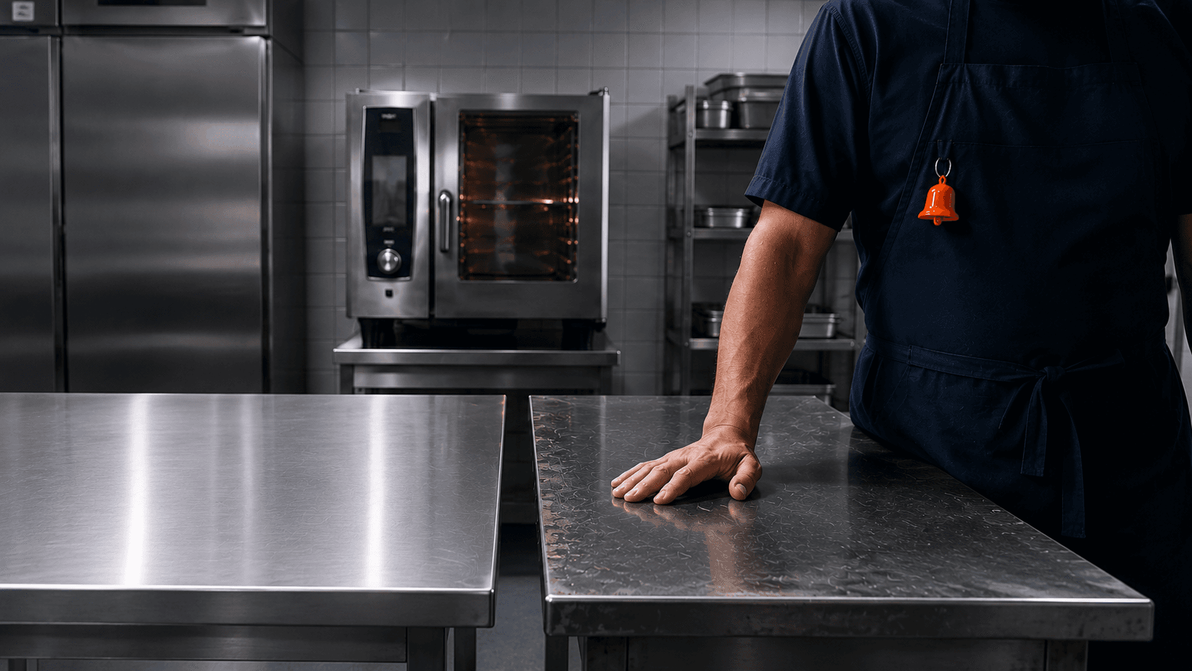 Two commercial stainless prep tables side by side, one new and one used, in a UK kitchen.
