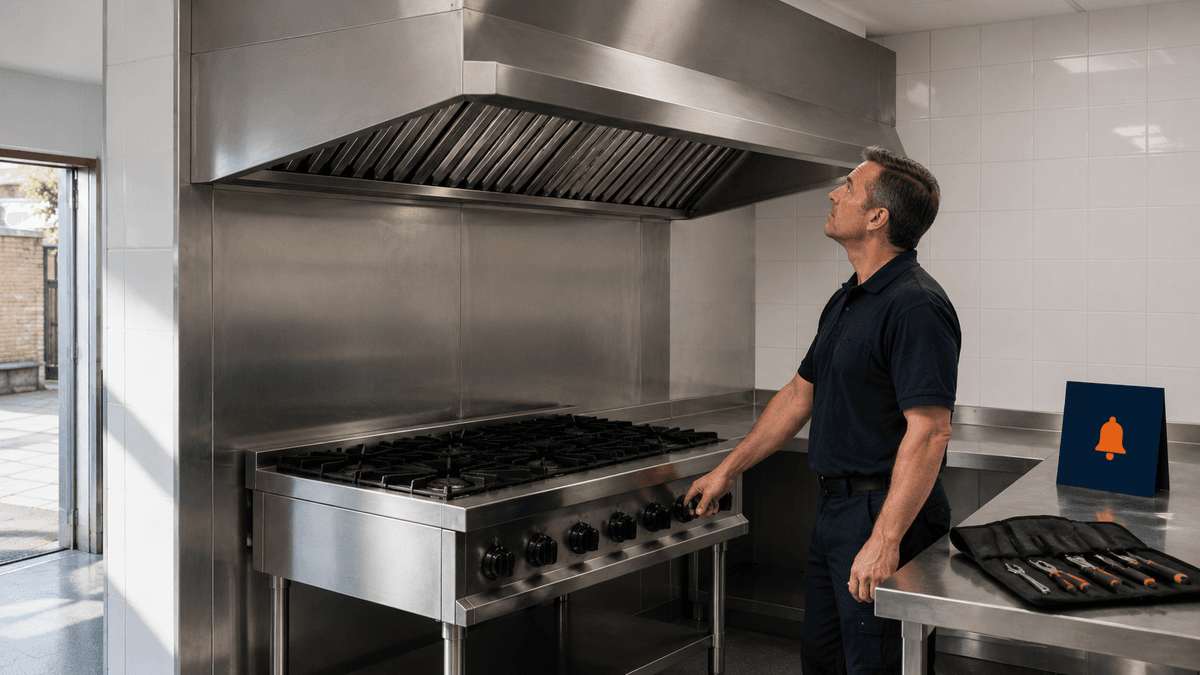 Steam from a commercial gas range rising into an extraction canopy that overhangs the front edge of the cooking line.