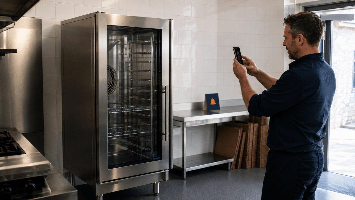 sell-restaurant-equipment-closing-down.webp Owner photographing a commercial combi oven with his phone in a UK restaurant kitchen being cleared for closure.