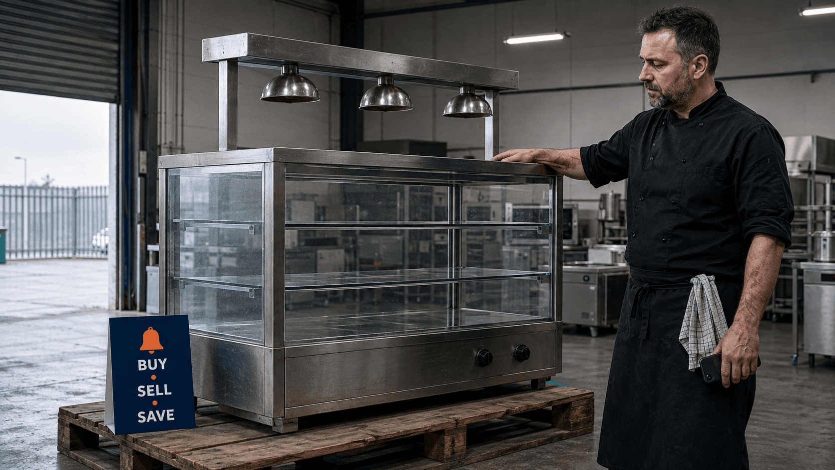 Chef probing food in a used commercial heated display cabinet with an overhead heat lamp gantry.