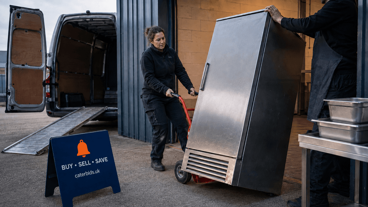 used-catering-equipment-near-me.webp Alt text: Two people load a used commercial fridge onto a van at a seller's unit, a CaterBids A board by the roller shutter