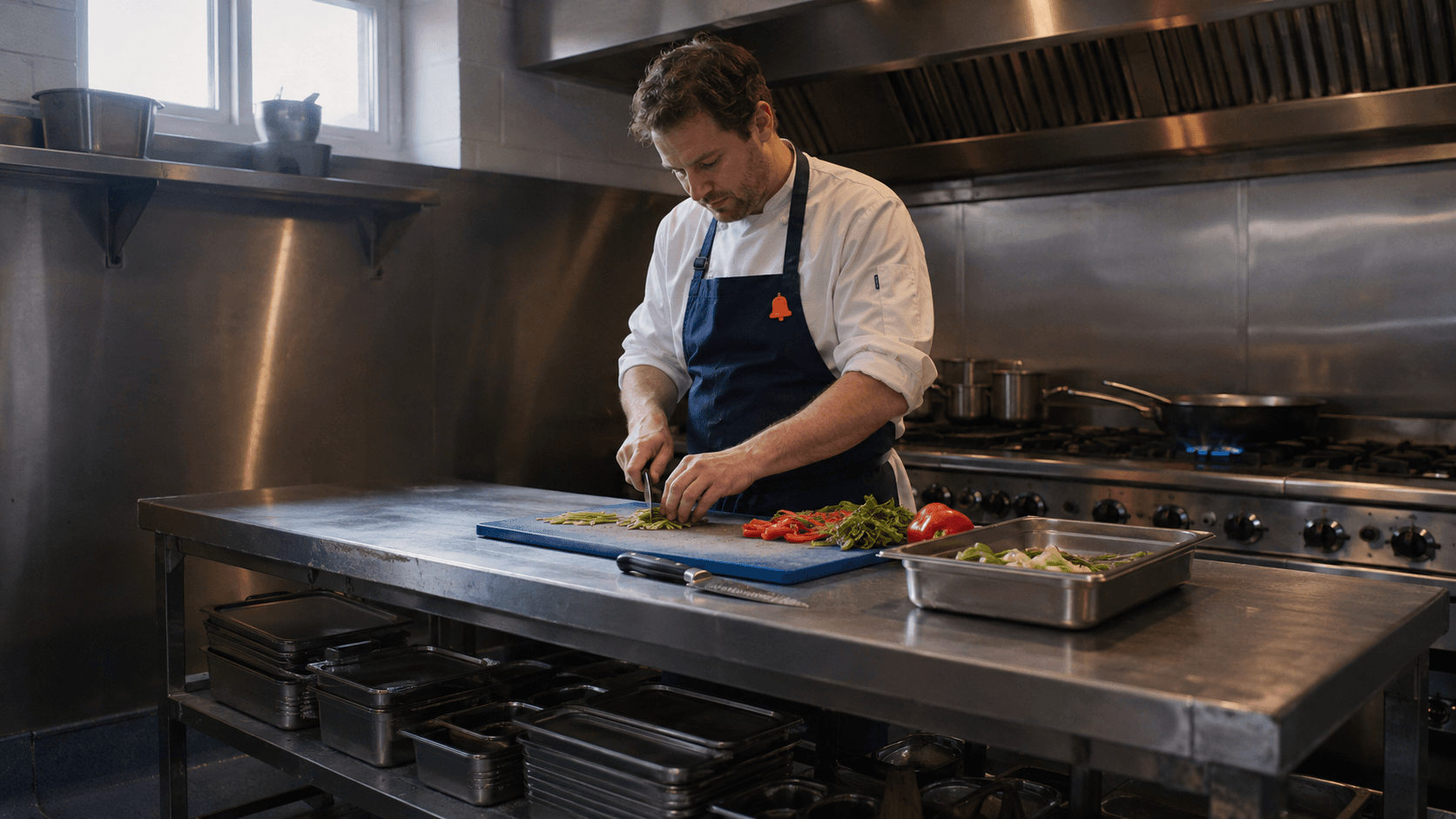 Chef working at a stainless steel prep bench in a small UK commercial kitchen