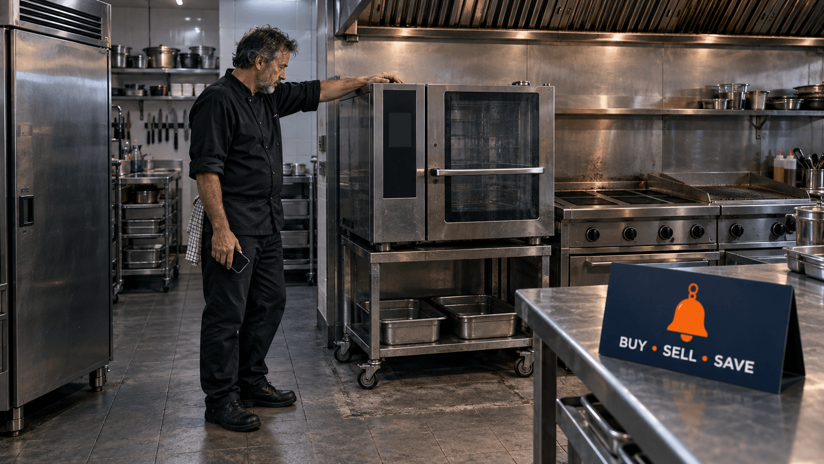 Used Rational combi oven standing alone in a stripped commercial kitchen